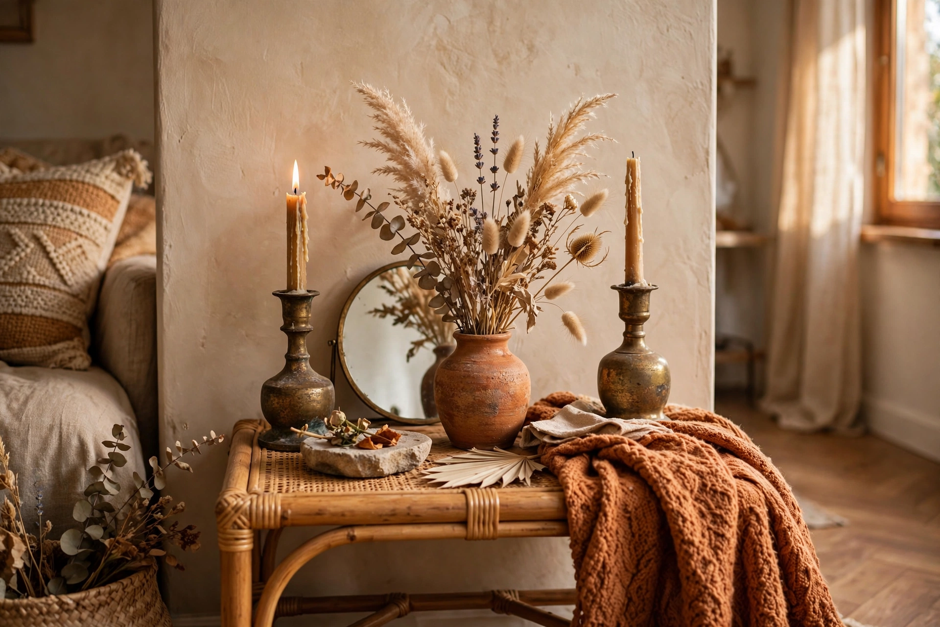 Boho side table styled with brass candle holders small mirror and dried flowers