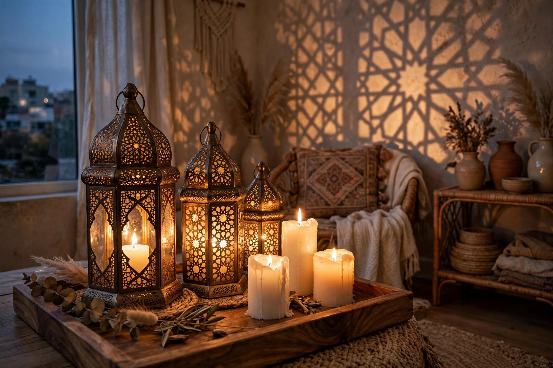 Moroccan metal lanterns and pillar candles glowing on a tray at dusk in a boho studio