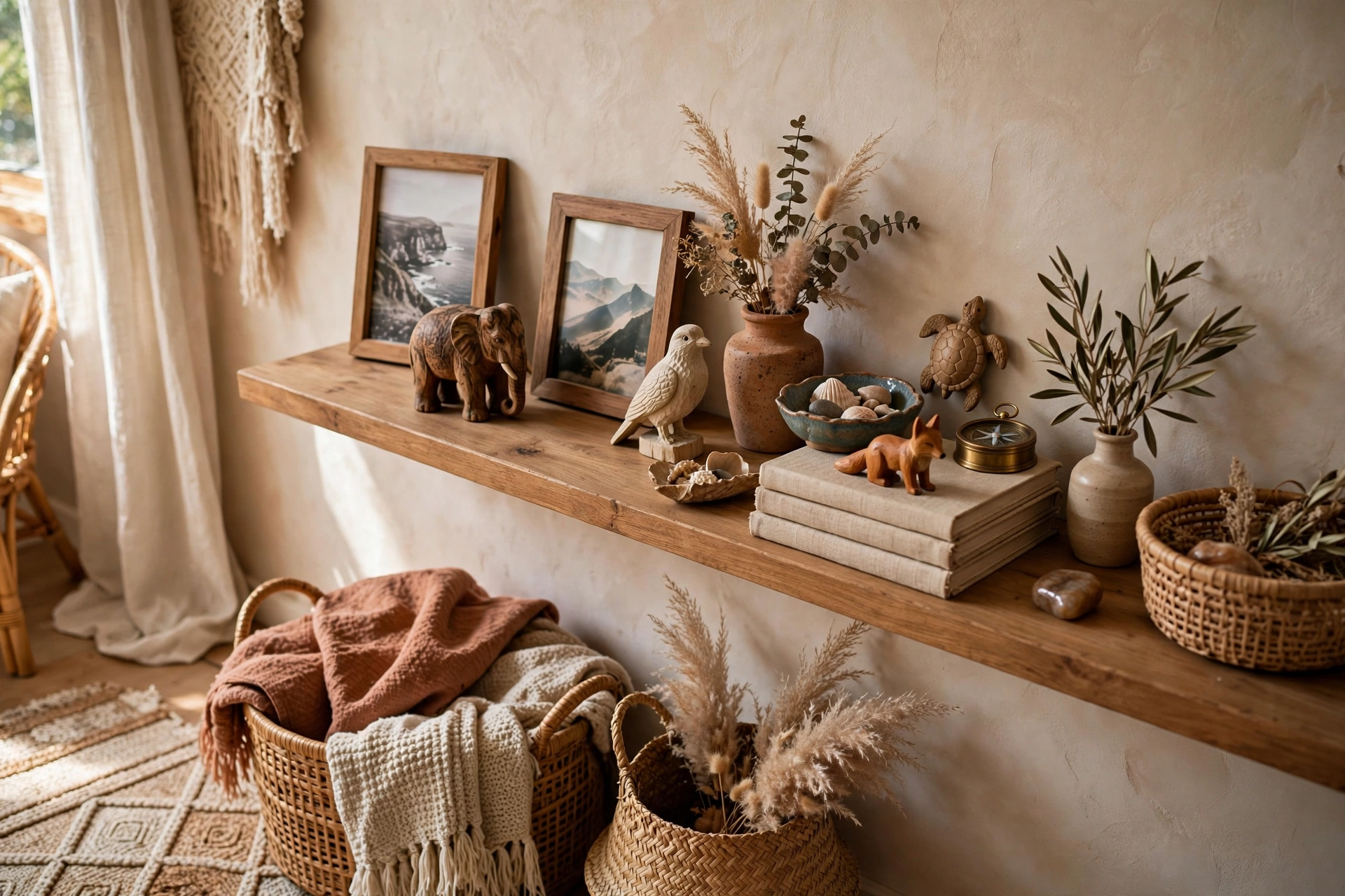 Wooden shelf displaying collected travel souvenirs small sculptures and framed photos