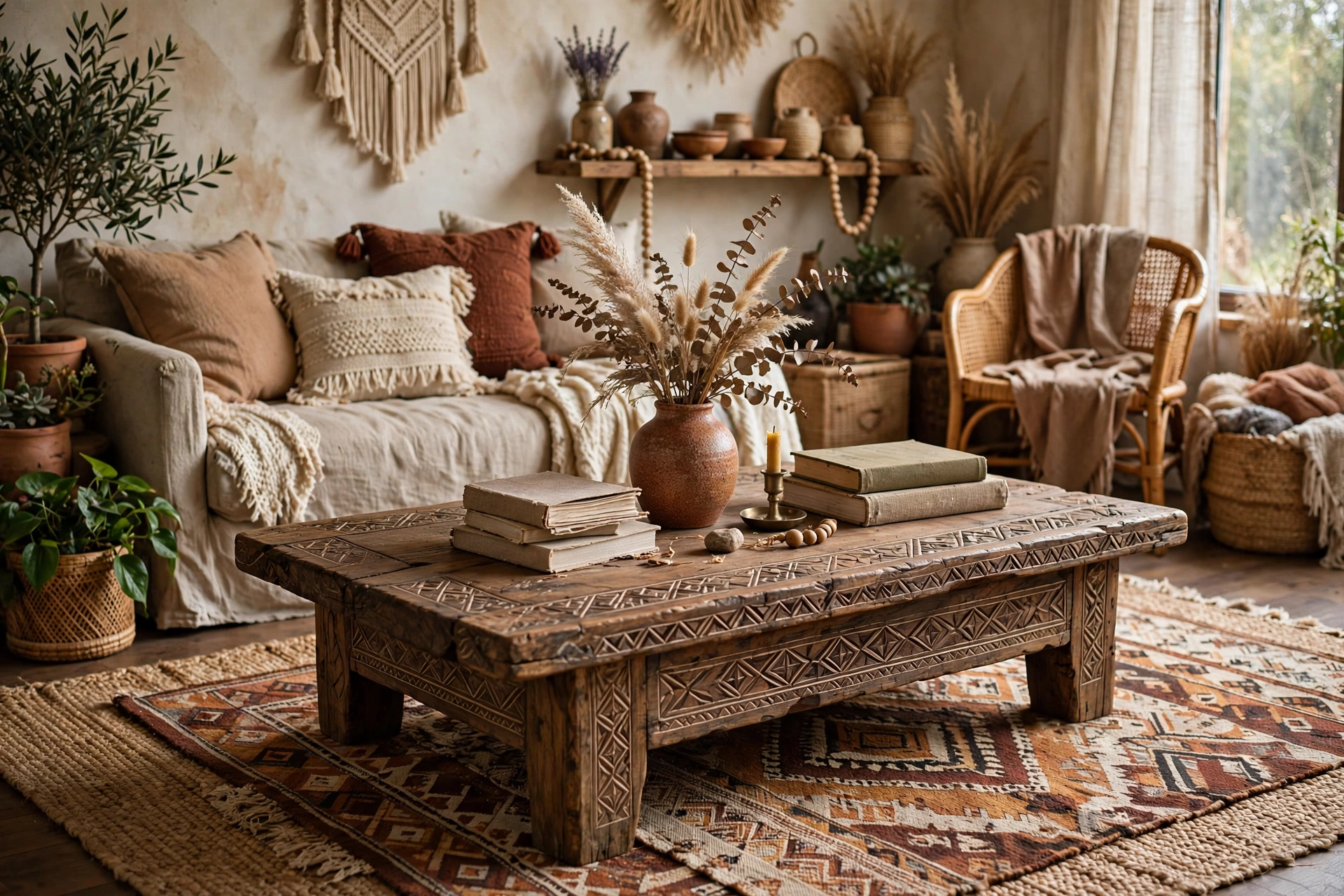 Hand-carved wooden coffee table with books and ceramic vase in a boho studio living area