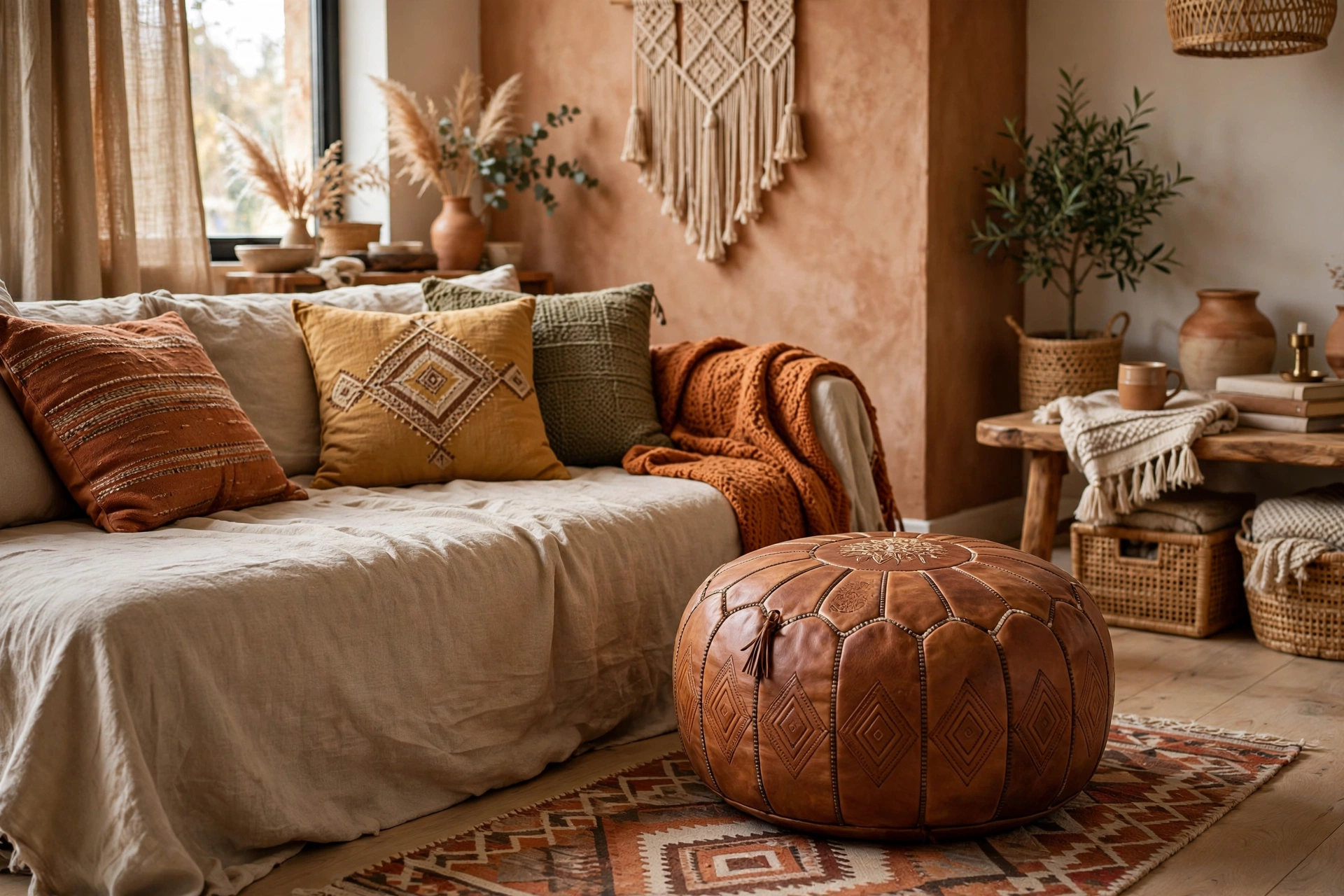 Round Moroccan leather pouf as extra seating beside a low boho sofa in a studio