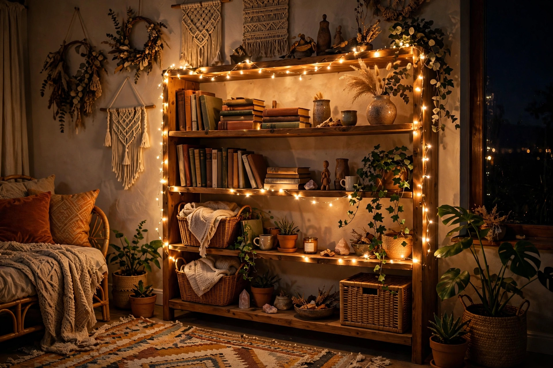 Warm fairy lights draped along a wooden bookshelf glowing at night in a boho studio