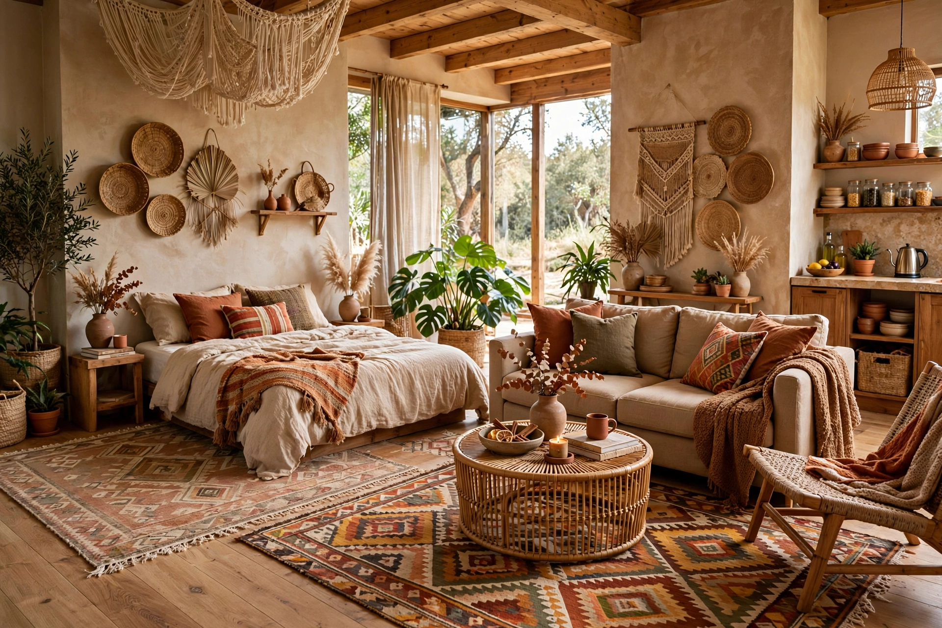 Boho studio with different rugs zoning sleeping and living areas in an open plan