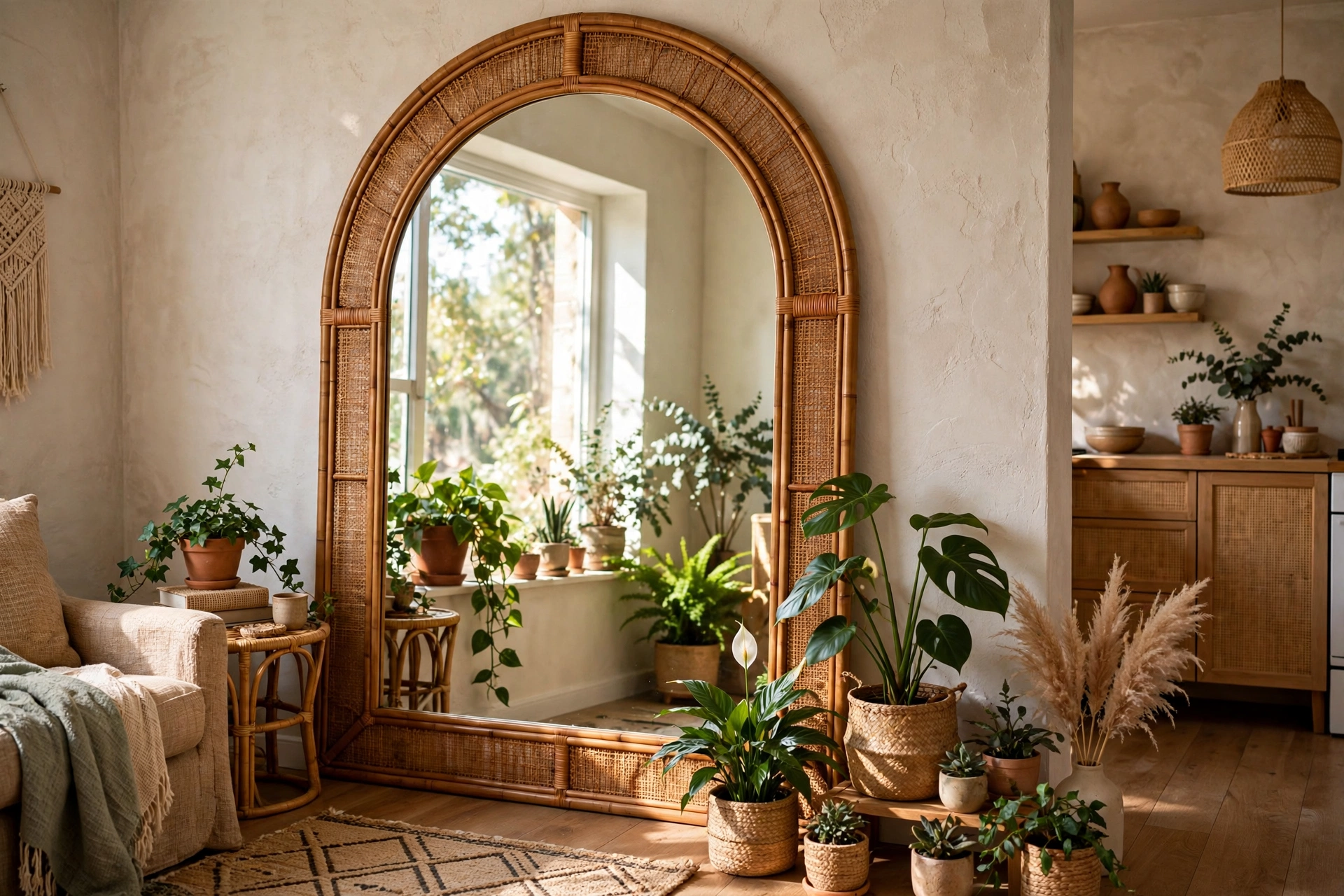 Large arched rattan mirror reflecting light in a small boho studio apartment