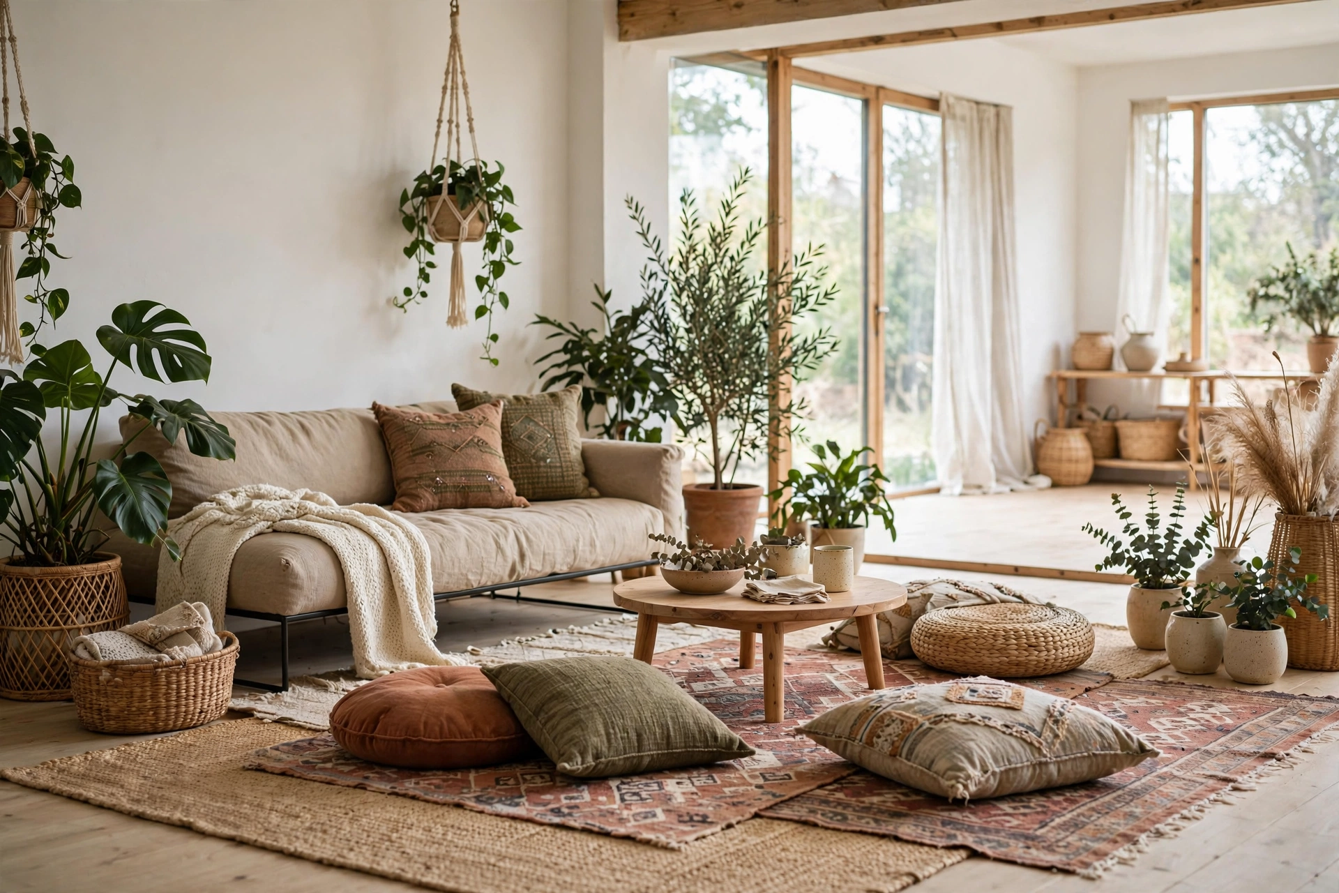 Boho studio living area with low-profile sofa keeping sightlines open and airy