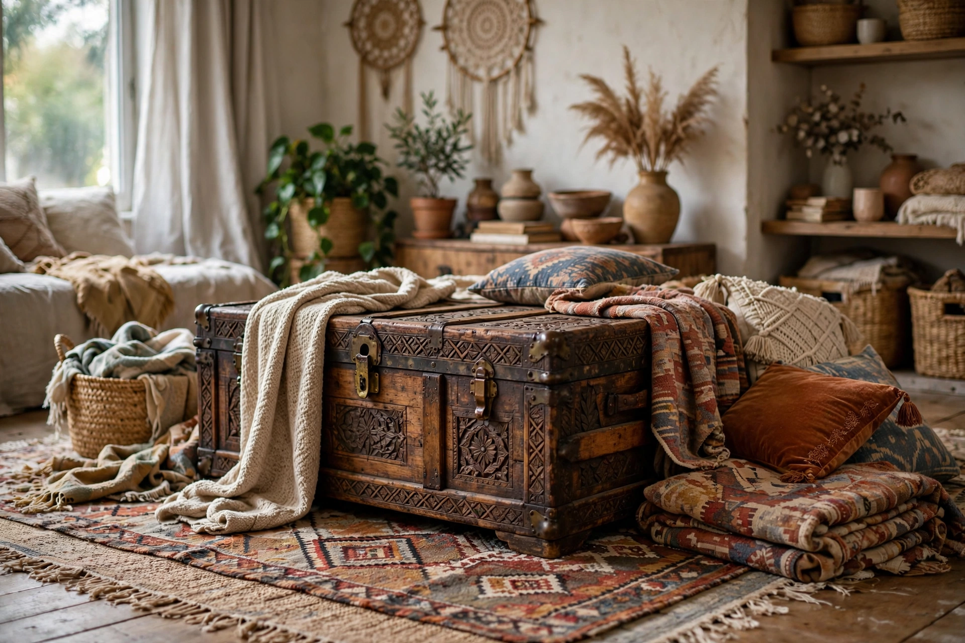 Vintage carved wooden trunk as coffee table with hidden storage in a boho studio