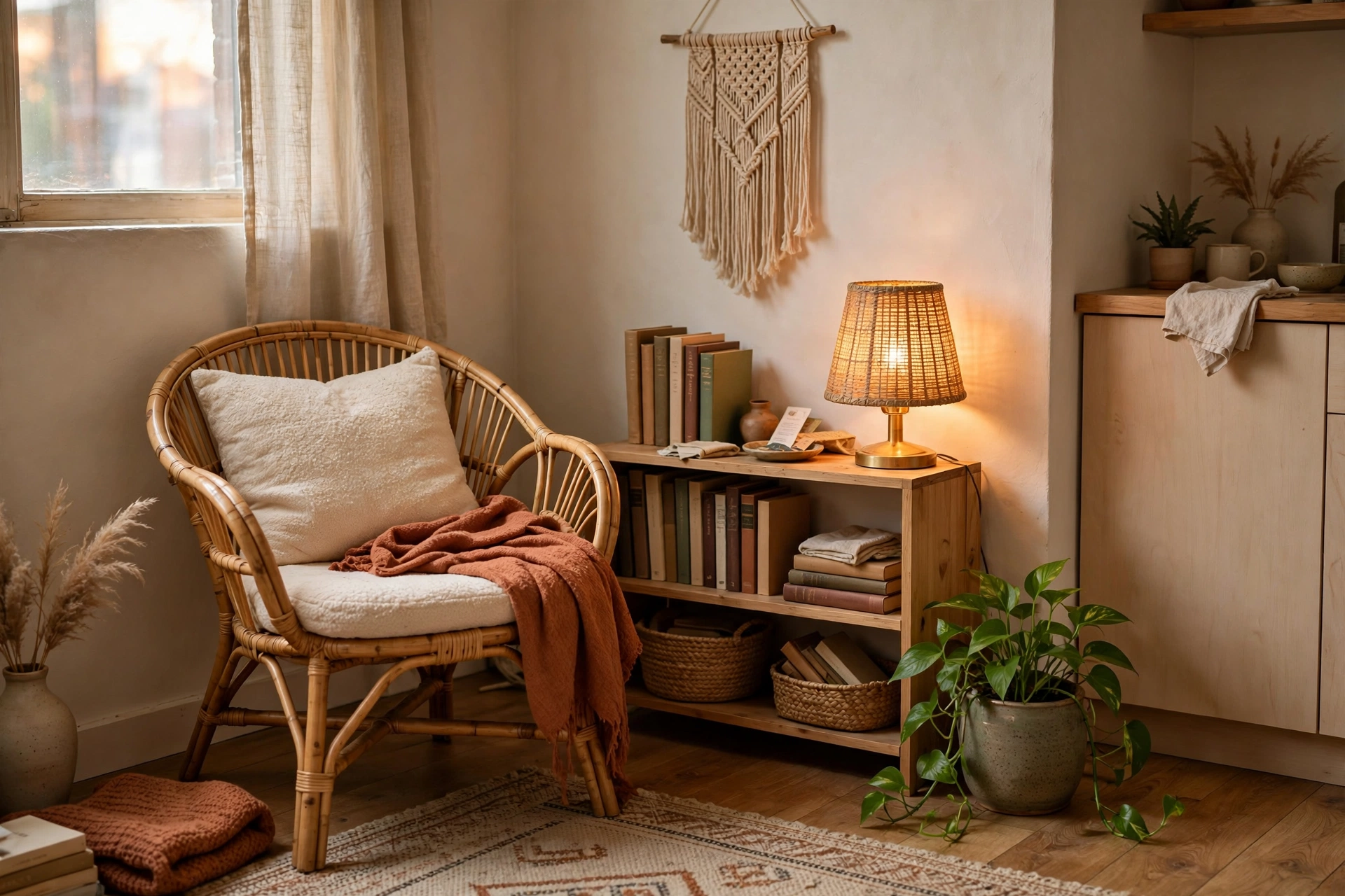 Cozy boho reading corner with rattan chair books and warm lamp in a studio