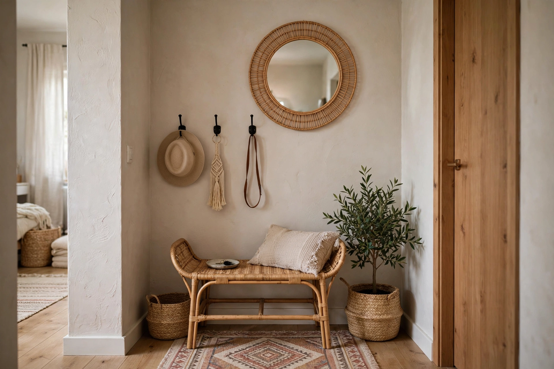 Small boho entryway with woven bench wall hooks mirror and plant in a studio