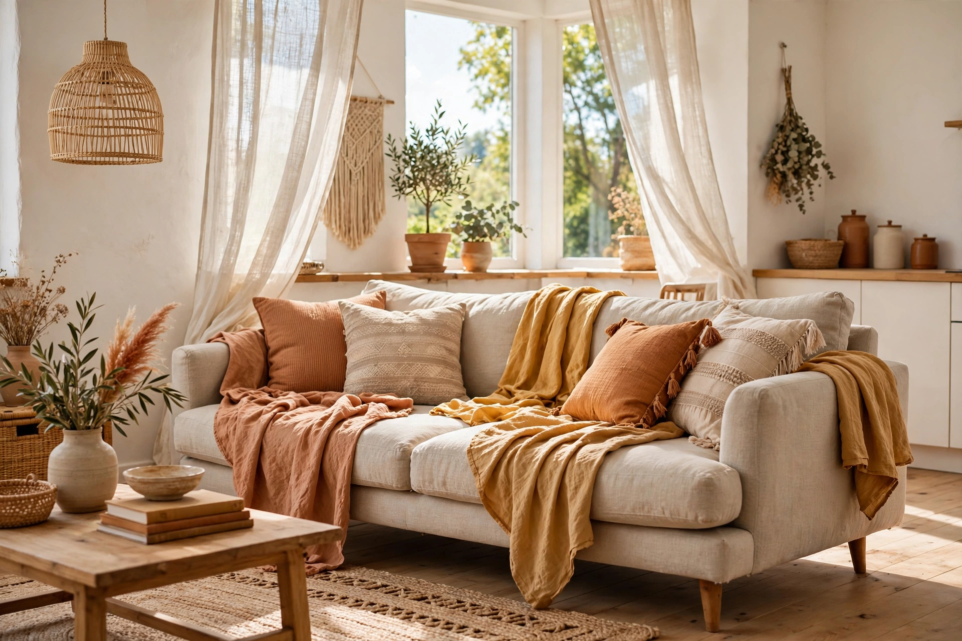 Boho sofa with lighter linen throws swapped in for summer in warm tones