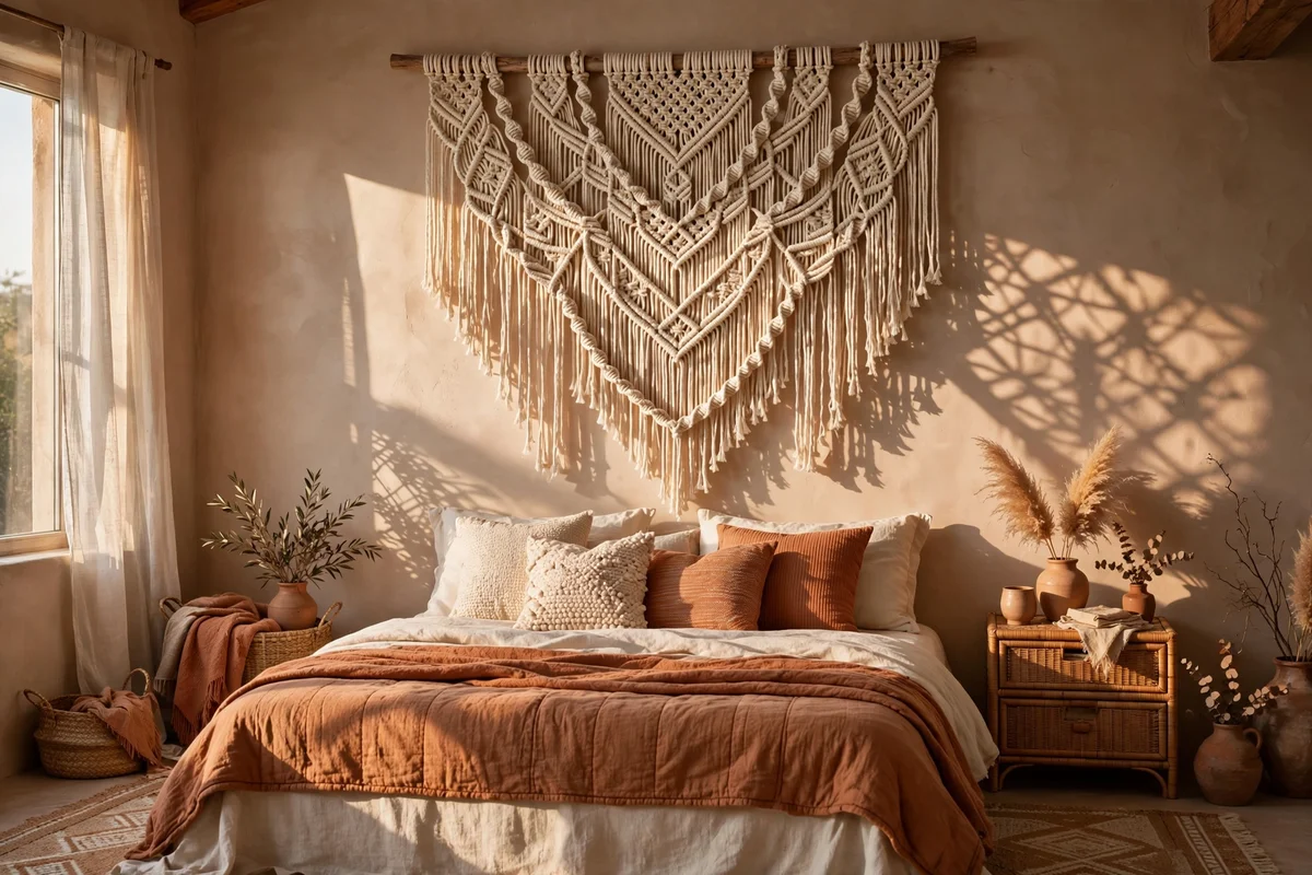 Large macrame wall hanging above a bed in a boho bedroom