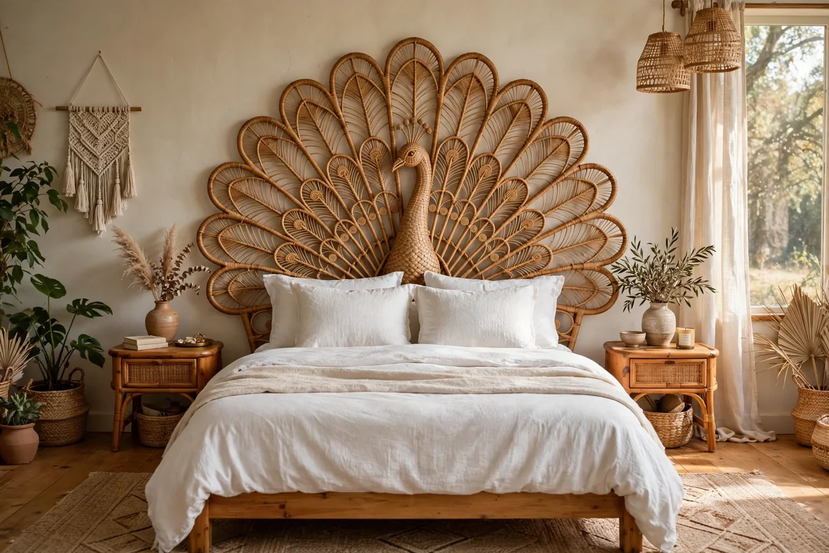 Rattan peacock headboard in a bohemian bedroom with white bedding