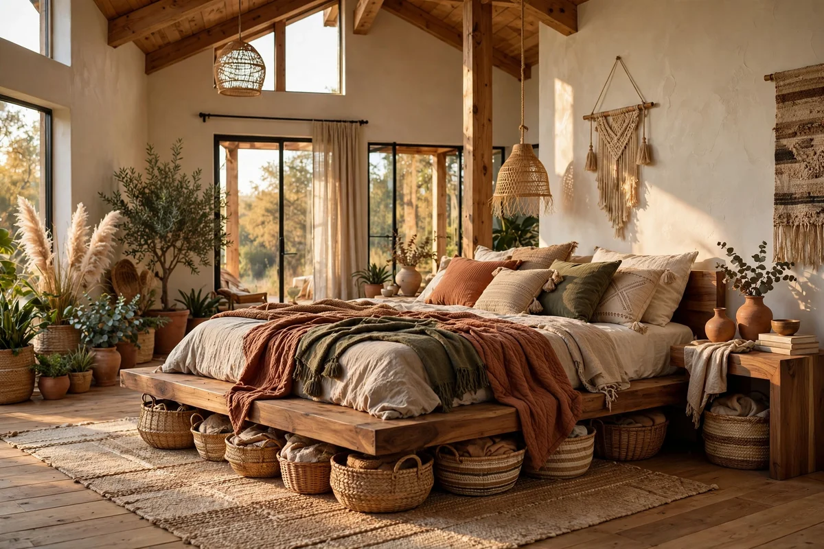 Low wooden platform bed with layered textiles in a boho bedroom