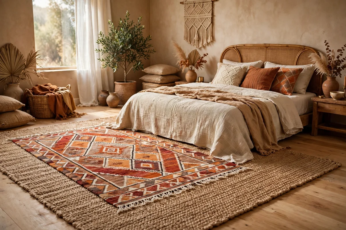 Layered Moroccan and jute rugs in a bohemian bedroom