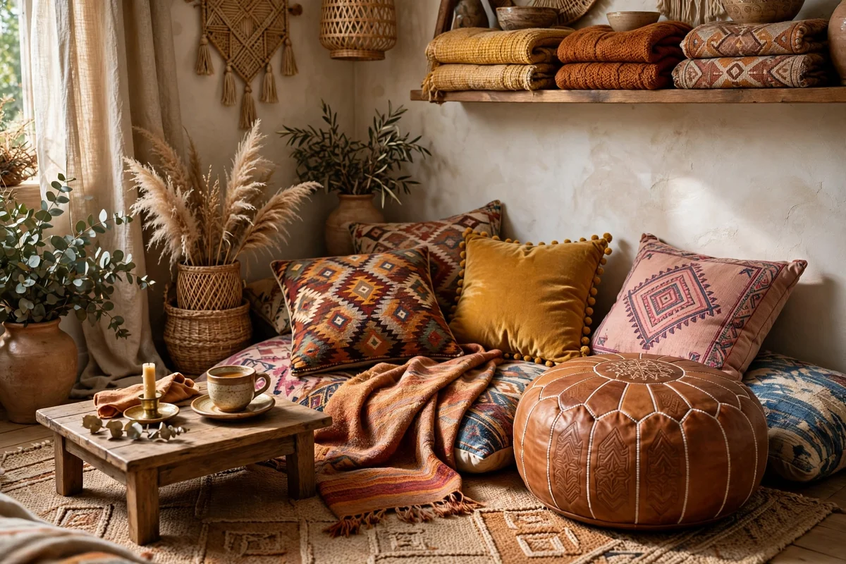 Floor cushions and leather poufs in a boho bedroom corner