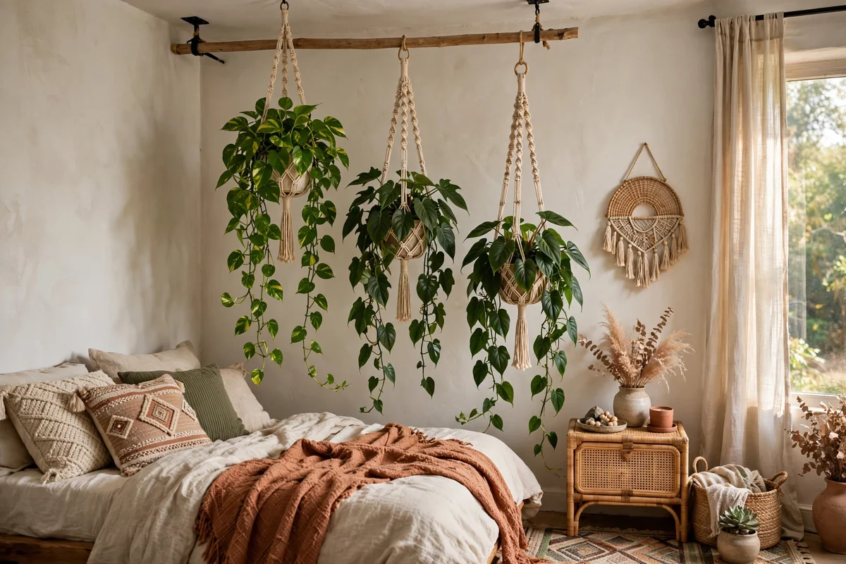 Hanging plants in macrame hangers in a boho bedroom corner
