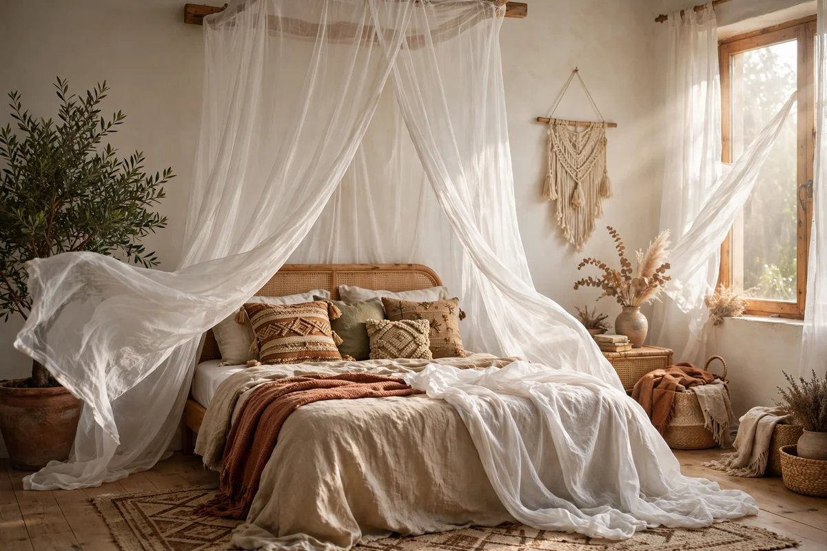 Sheer white canopy drapes over a bed in a bohemian bedroom