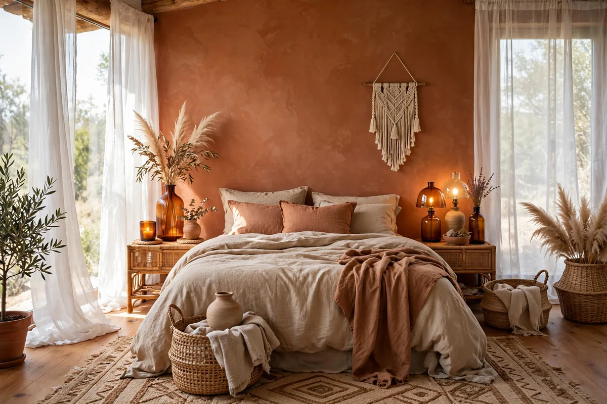 Terracotta and warm earth tone bedroom with boho decor