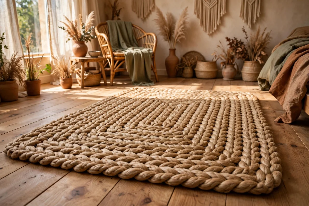 Chunky braided jute rug in a boho style bedroom