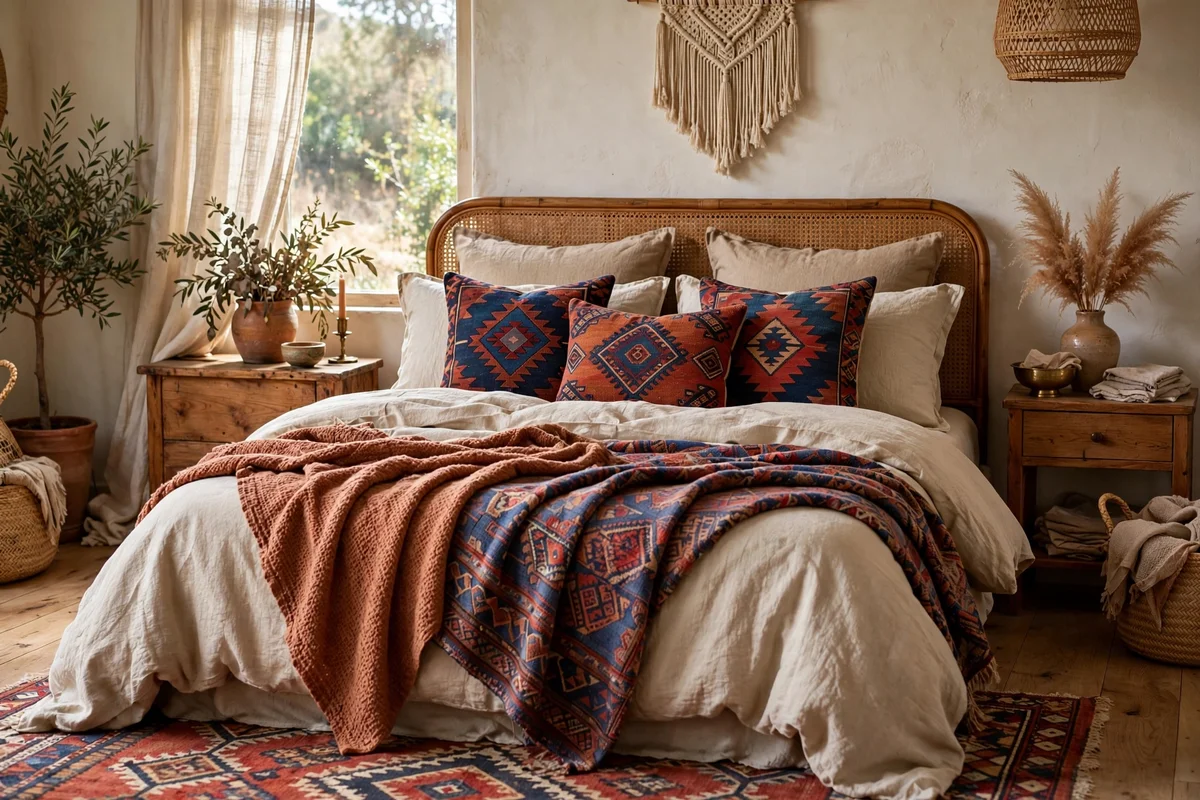 Vintage kilim pillows mixed on a bed in a bohemian bedroom