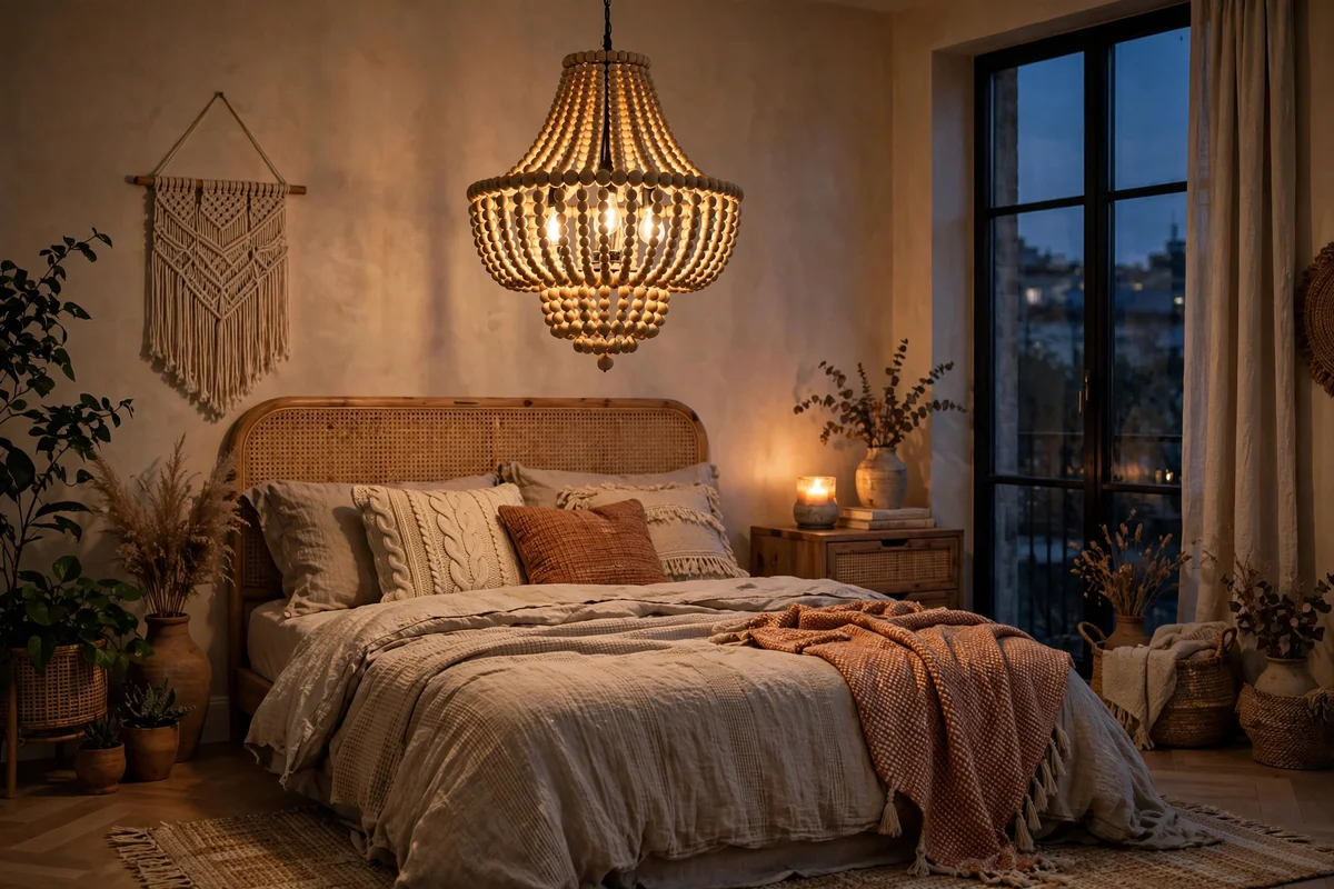 Wooden bead chandelier hanging in a boho bedroom