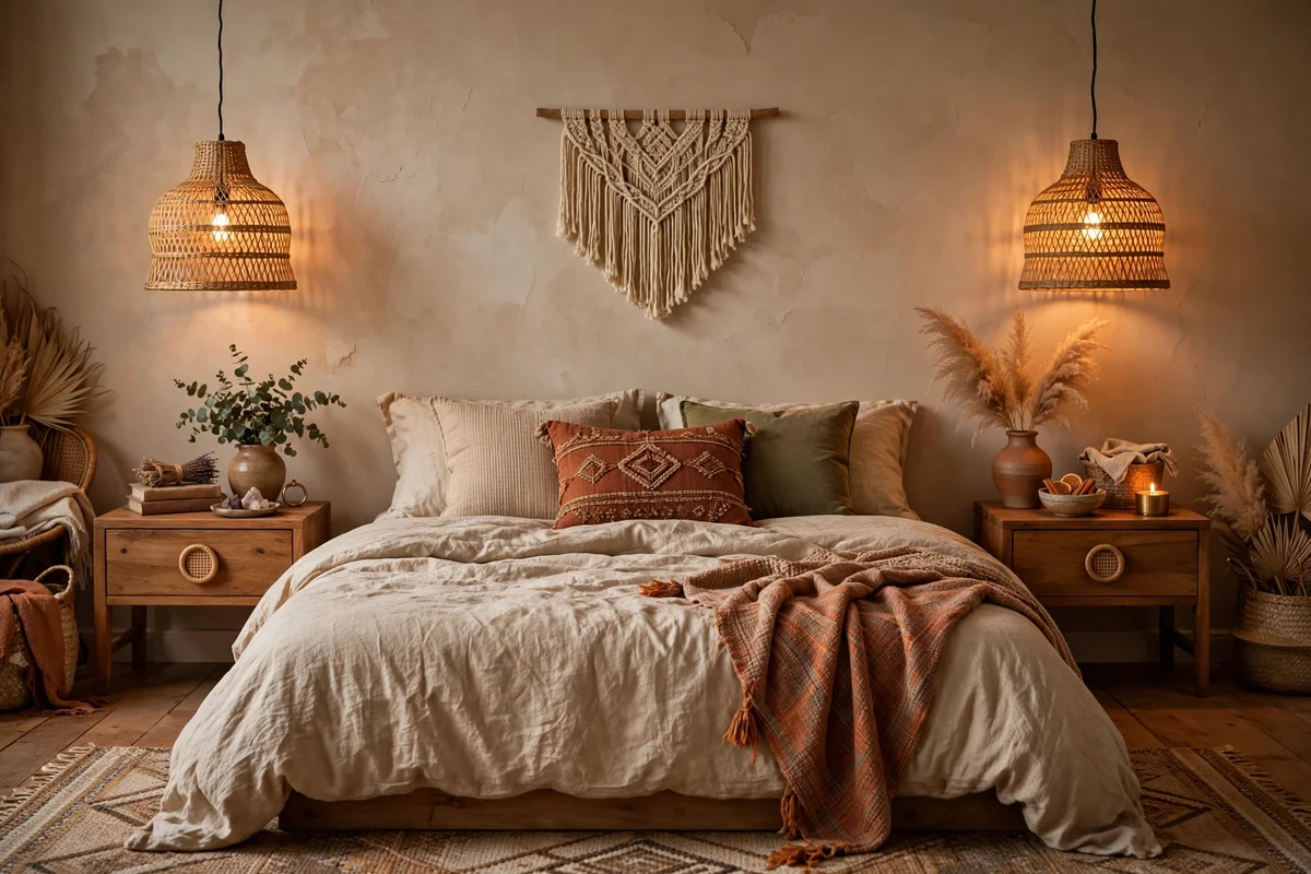 Rattan pendant lights hanging beside a bed in a boho bedroom