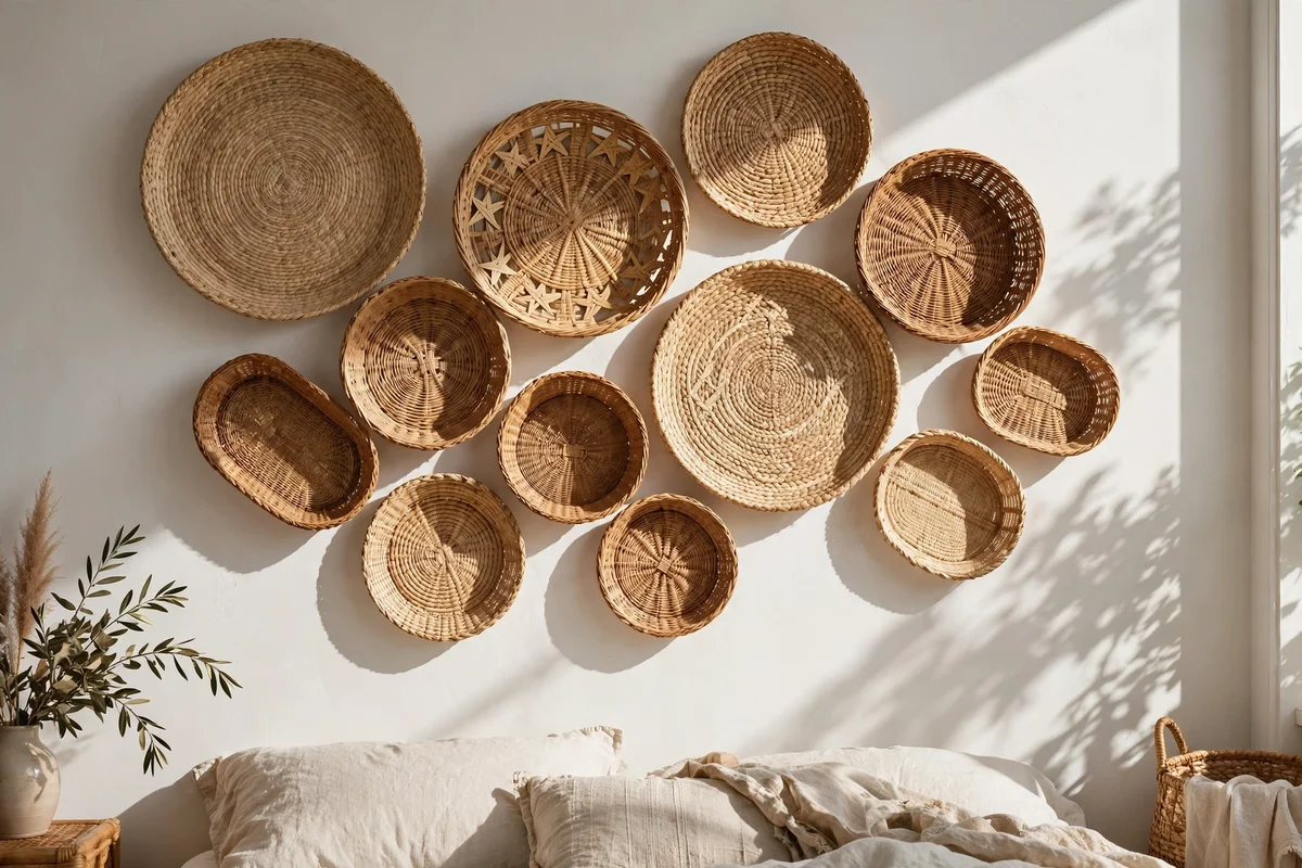 Woven seagrass baskets arranged as gallery wall in boho bedroom