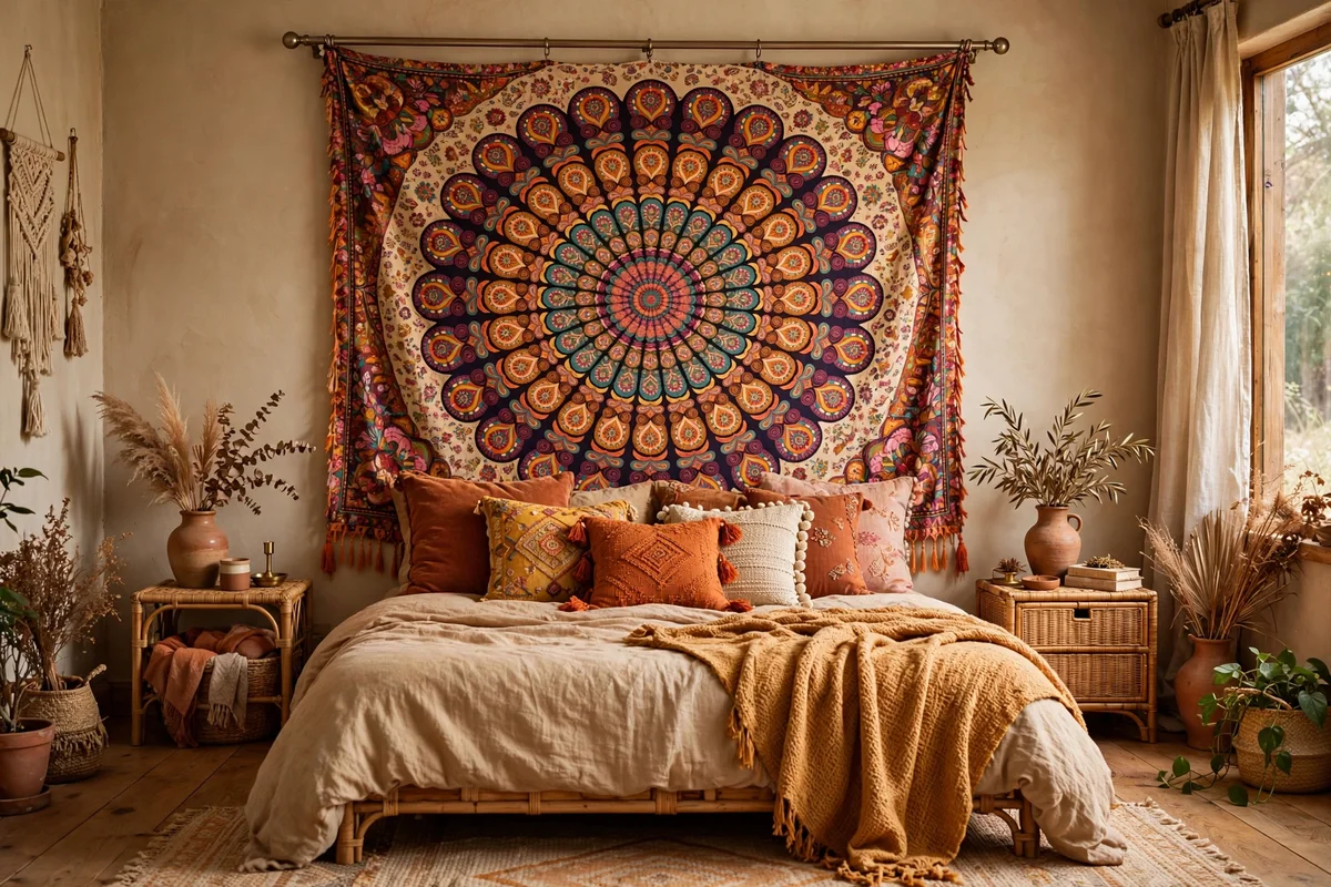 Colorful tapestry hung as headboard in a bohemian bedroom