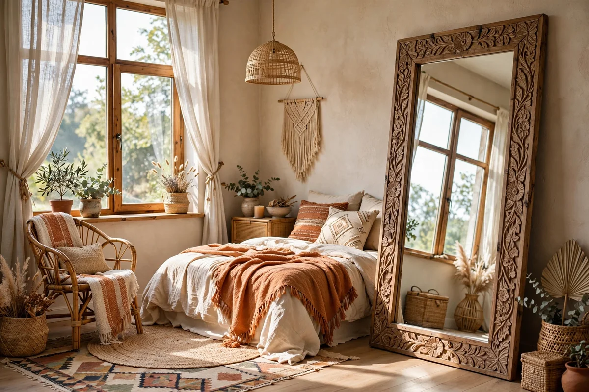 Carved wooden floor mirror leaning in a boho bedroom