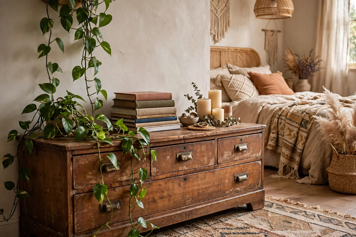 Low wooden dresser styled with plants and books in boho bedroom