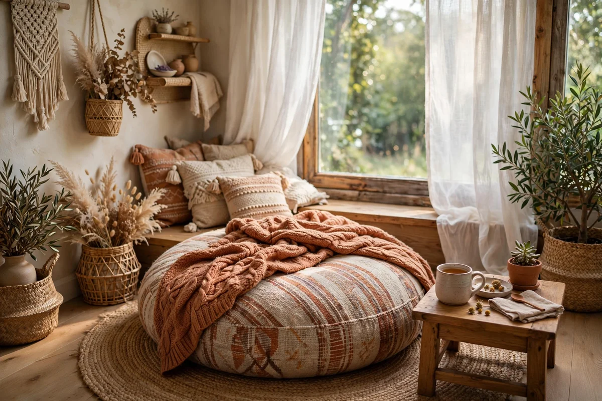 Cozy reading nook with floor pillows in a bohemian bedroom