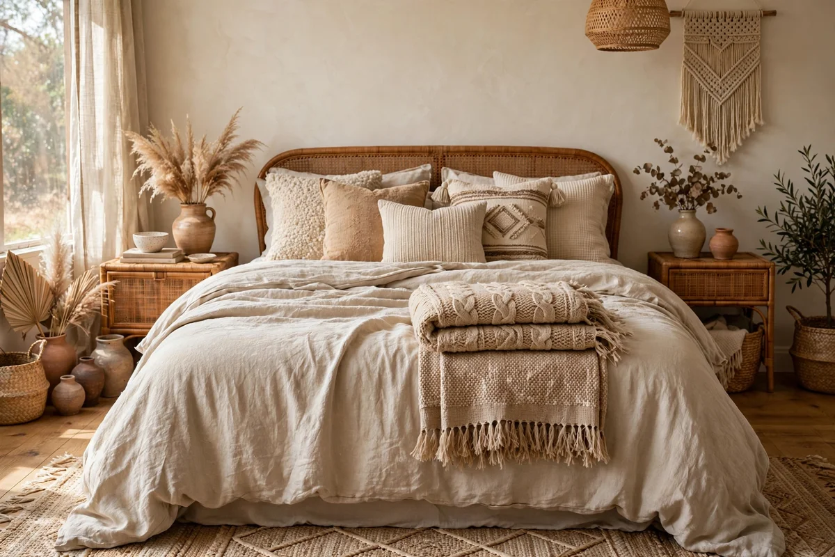 Layered warm neutral bedding with throws in a boho bedroom
