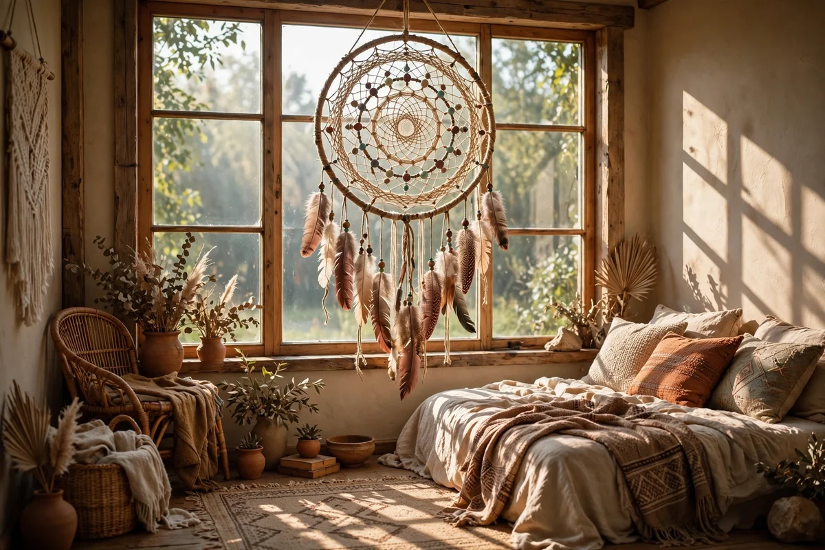 Handmade dreamcatcher hanging in a boho bedroom window