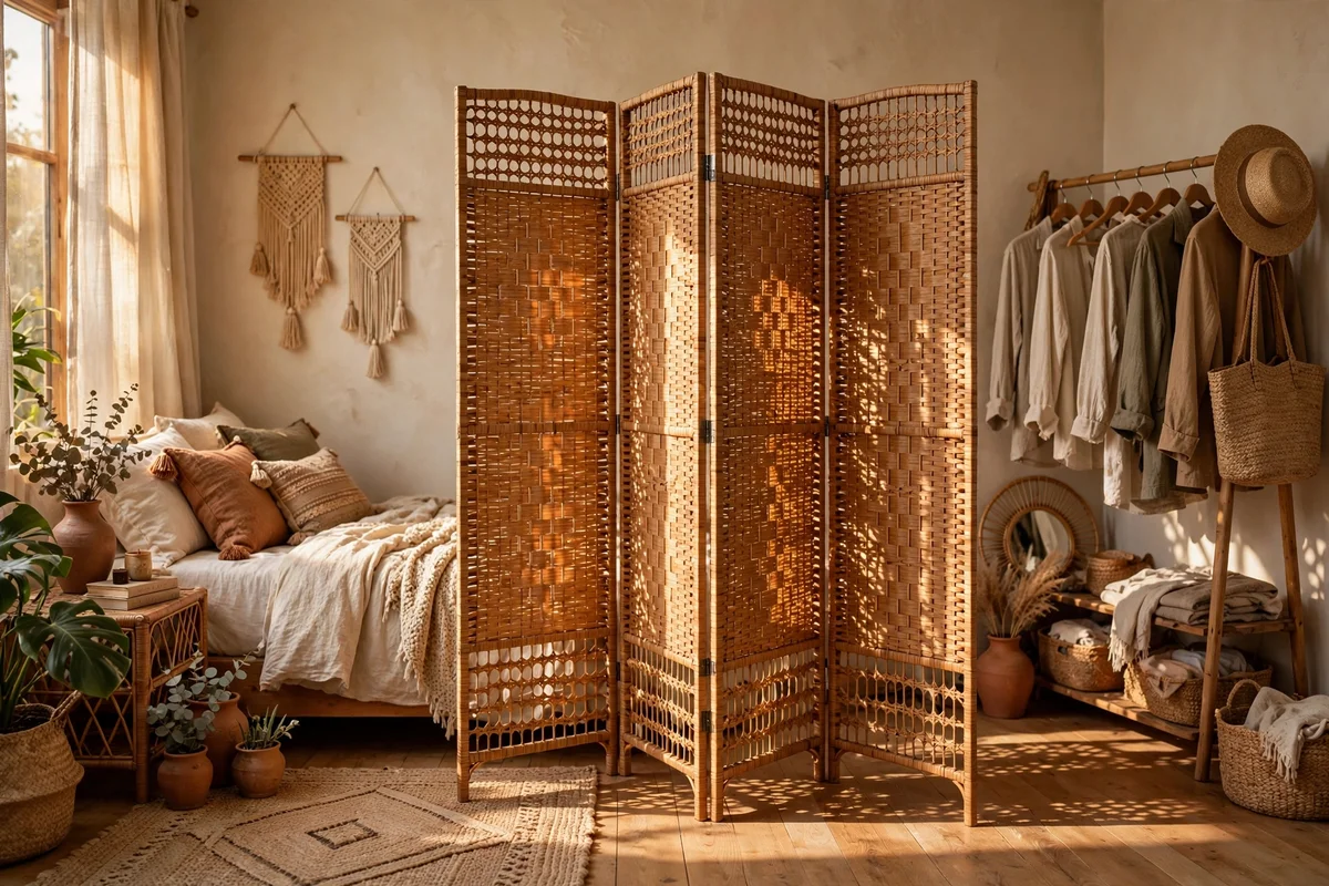 Woven rattan room divider in a bohemian bedroom
