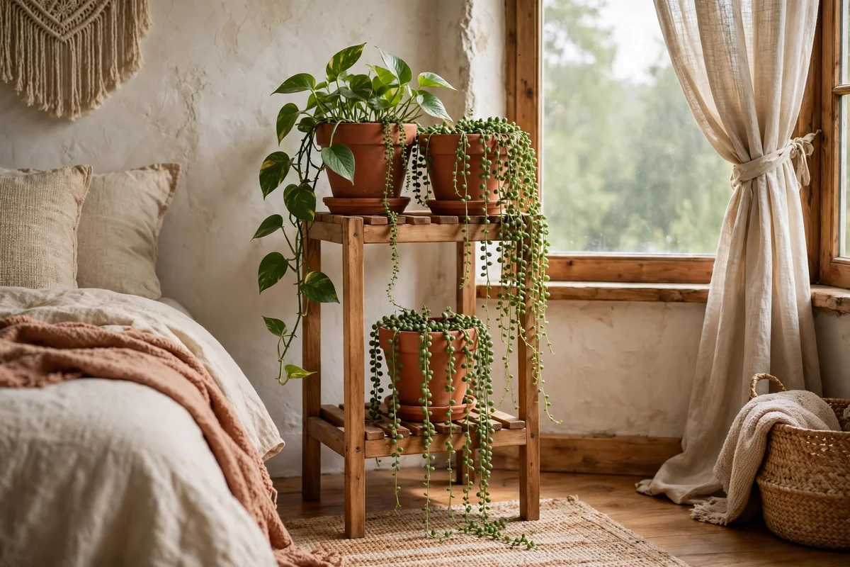 Trailing plants in terracotta pots in a boho bedroom