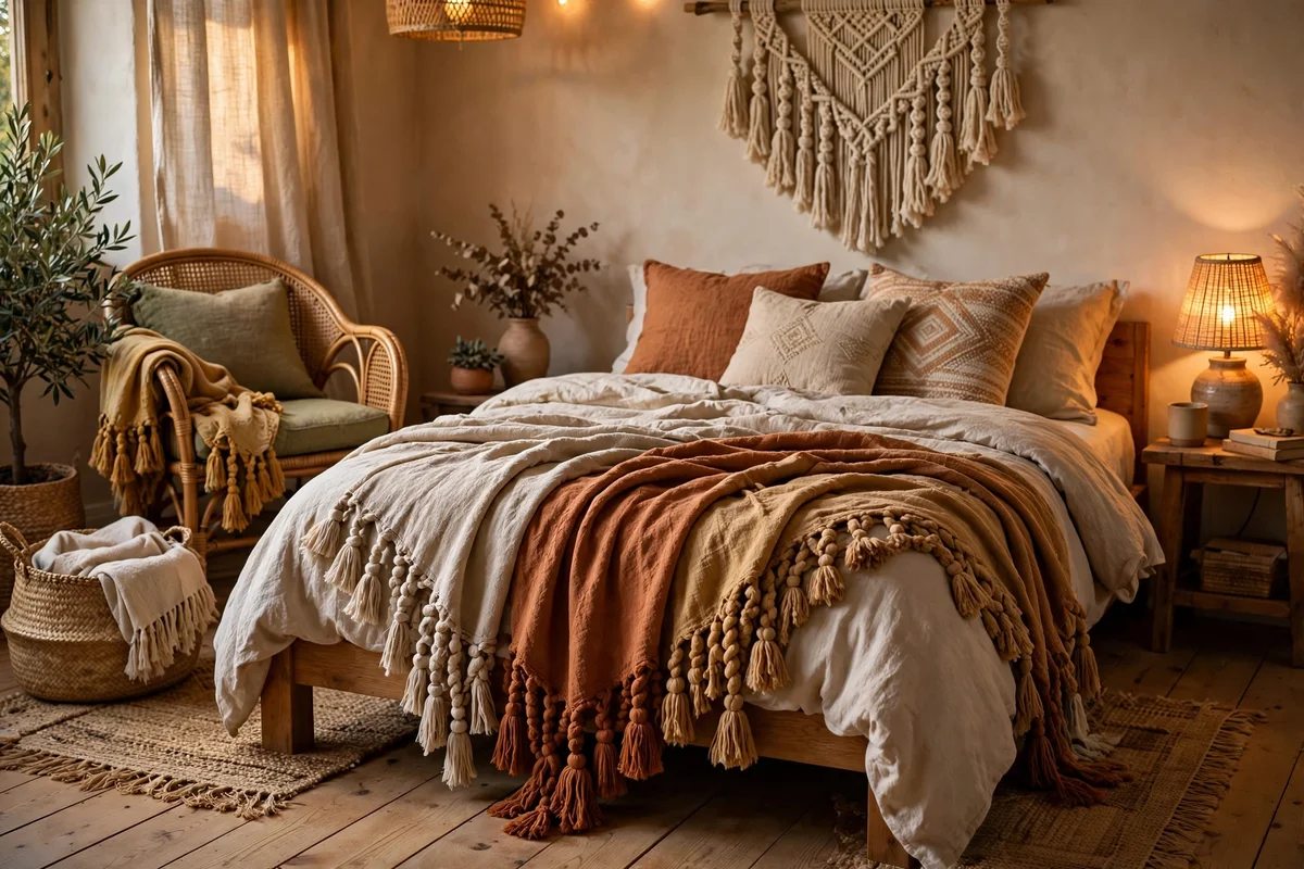 Fringe throw blankets draped in a bohemian bedroom