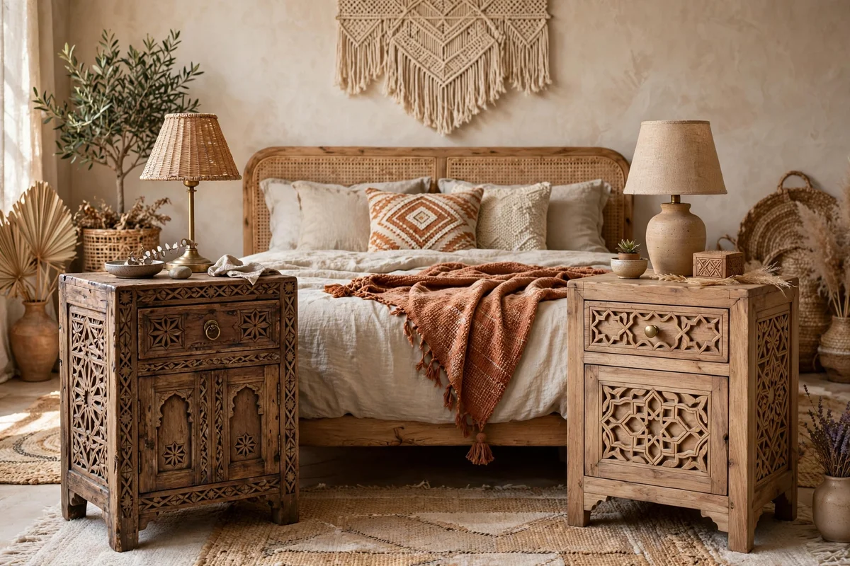 Carved wooden nightstands beside a bed in a boho bedroom