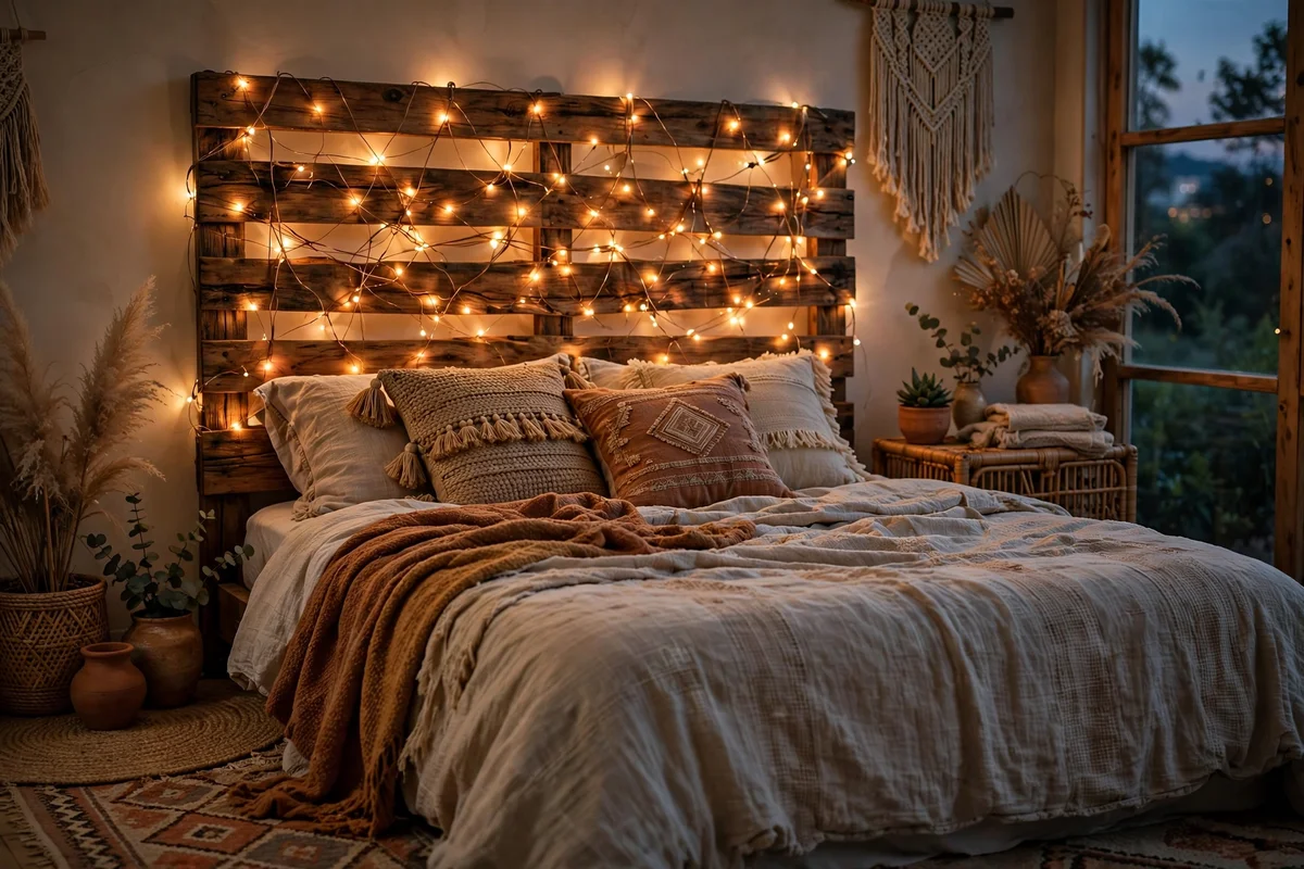 Warm fairy lights woven through a headboard in a boho bedroom
