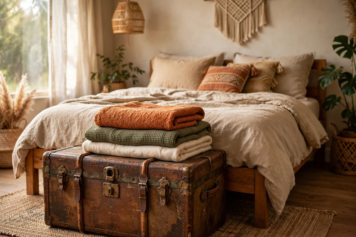 Vintage trunk at the foot of a bed in a boho bedroom