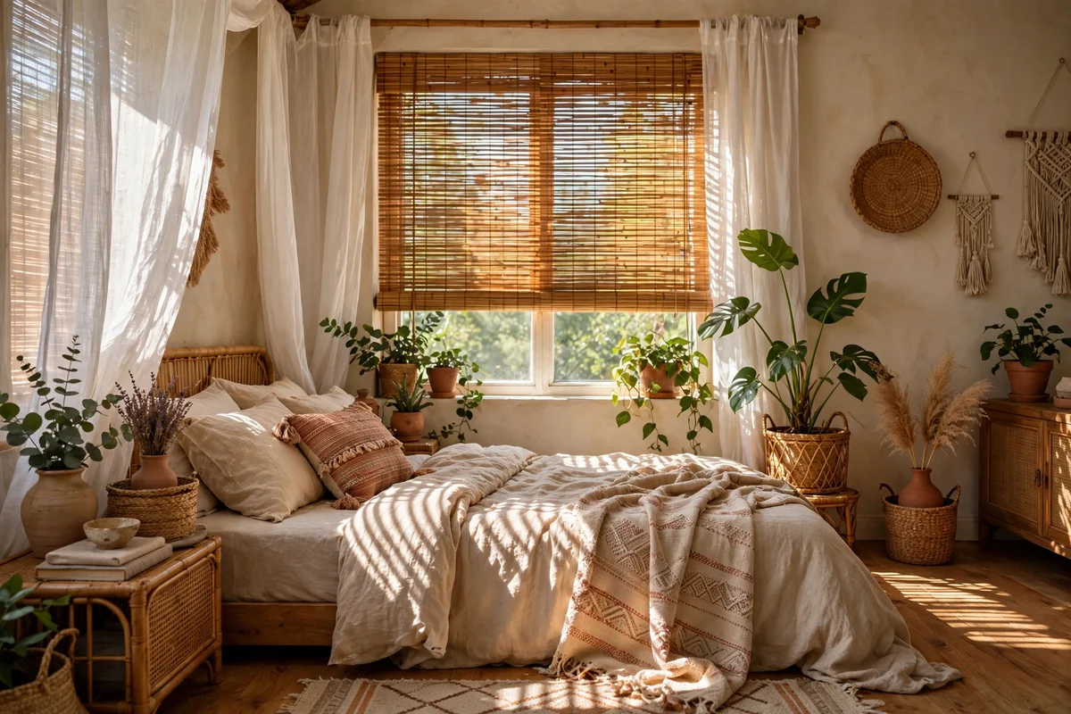 Bamboo blinds filtering light in a bohemian bedroom