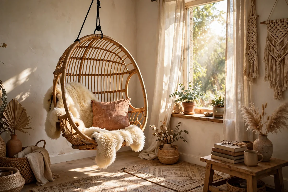 Rattan hanging egg chair in a boho bedroom corner