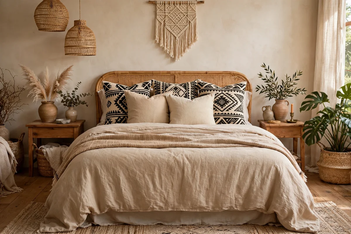 Mudcloth pillows on a bed in a bohemian bedroom