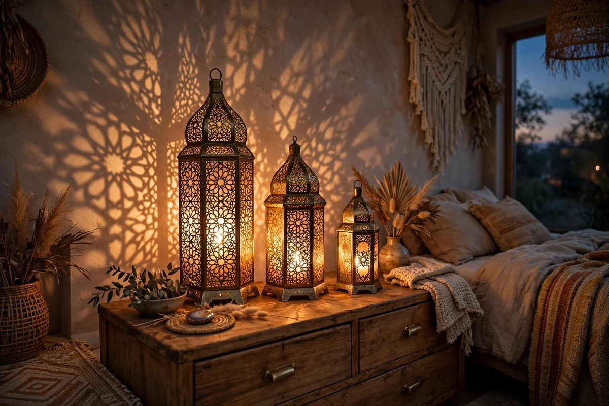 Brass Moroccan lanterns glowing in a boho bedroom