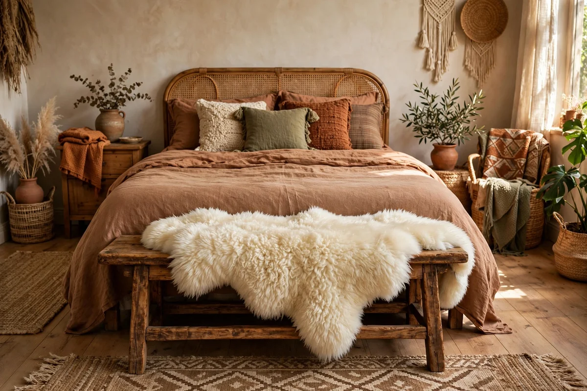 Sheepskin throw draped over a bench in a boho bedroom