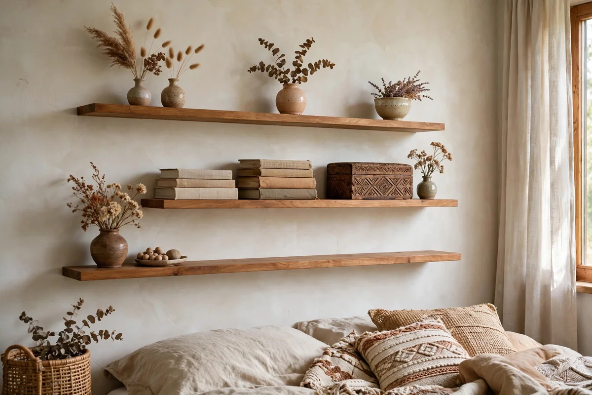 Floating shelves styled with boho objects in a bedroom