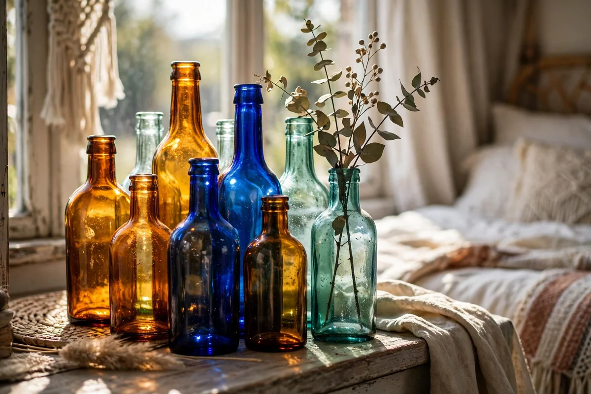 Colored glass bottles on a windowsill in a boho bedroom