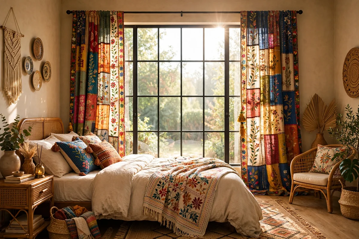 Embroidered curtains framing a window in a bohemian bedroom