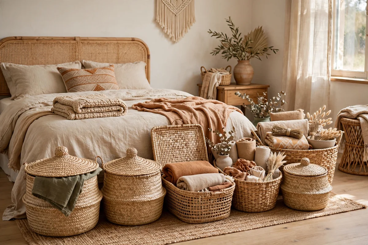 Woven seagrass baskets organizing a boho bedroom