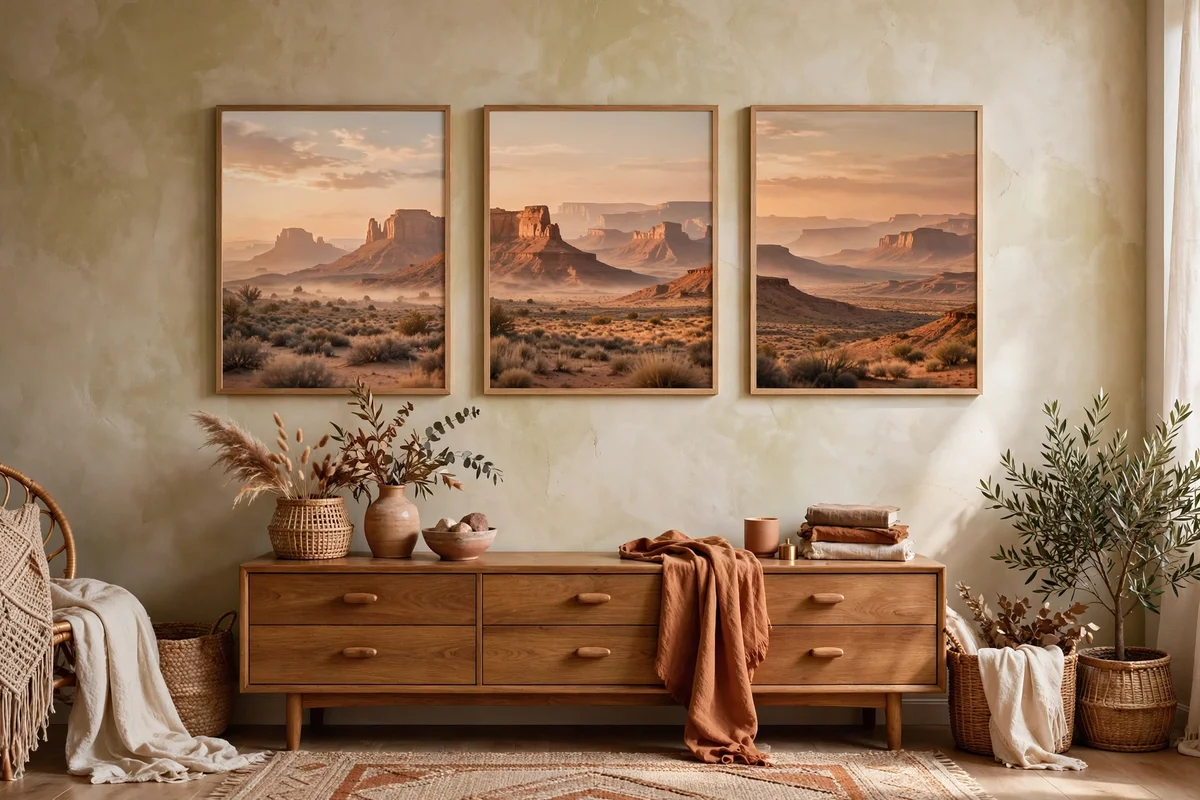 Desert landscape art framed in a boho bedroom
