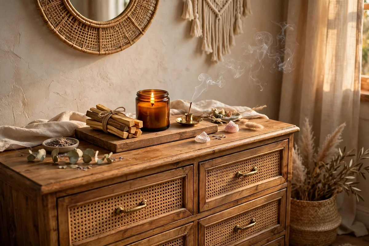 Incense and candle ritual corner in a bohemian bedroom