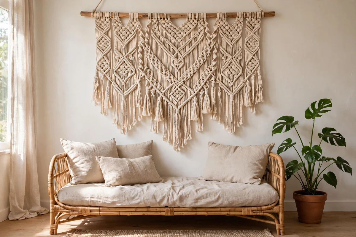 Boho living room with large macrame wall hanging above rattan daybed